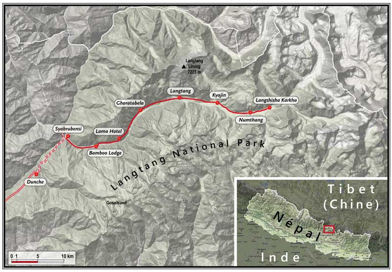 L'itinéraire du trek classique du Langtang.